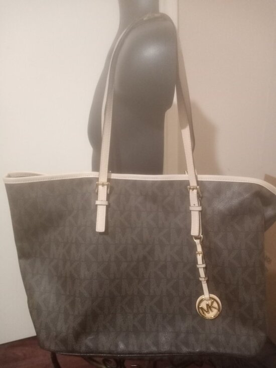 Michael Kors Handbags - Michael Kors Signature Jet Set Brown Large Travel Tote Laptop PVC Bag Purse
